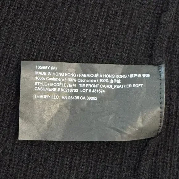 Theory Cashmere Tie Front Cardigan Feather Soft Black Tunic Sweater Size M - Picture 11 of 12